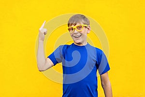 Young freckled boy has an idea, pointing with finger up isolated photo