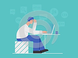 Young freelancer programmer coding with laptop. Illustration of programmer coding, freelancer professional, PHP, HTML, CSS, Js