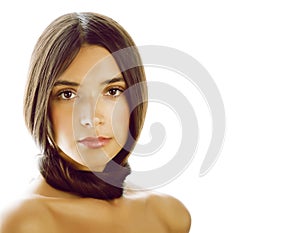 Young fresh brunette tann girl with beauty hairstyle isolated on white closeup, soft spa face