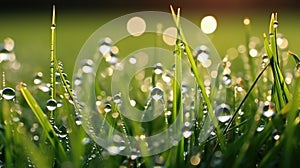 Young fresh grass with drops of morning dew in the rays of the sun, close-up.