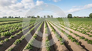 Young and fresh green potato plants in springtime