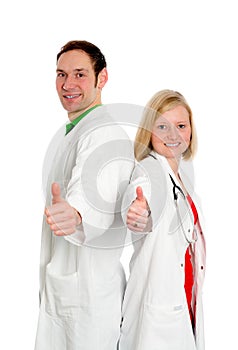 Young friendly medical team in lab coat