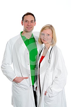 Young friendly medical team in lab coat