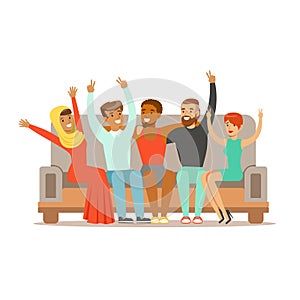 Young Friends From All Around The World Cheering On Sofa, Happy International Friendship Vector Cartoon Illustration