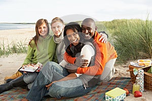 Young Friends Enjoying Picnic On Beach