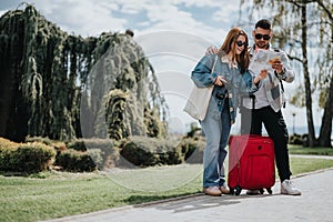 Young friends exploring city sights with map on sunny vacation day