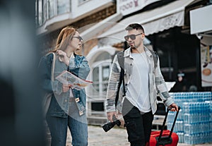 Young friends exploring town on a sunny day, with map and camera