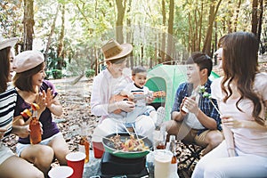 Young friends group enjoying picnic party and camping