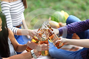 Young friends having fun outdoors, clinking bottles of beer