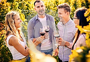 Young friends having fun outdoors - Happy people enjoying harvest time together at farmhouse winery countryside - Youth and