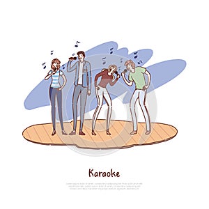 Young friends having fun together, happy men and women holding microphones, musical performance, karaoke concert banner