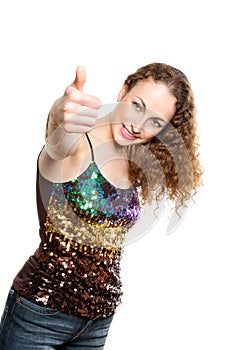 Young frizzy woman with thumb up