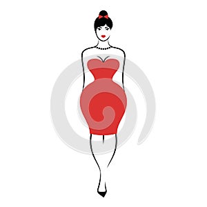 A young full-figured woman in an elegant short form-fitting red cocktail dress