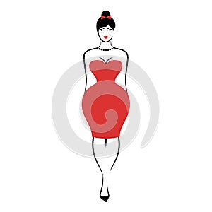 A young full-figured woman in an elegant short form-fitting red cocktail dress photo