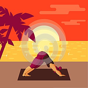 Young full woman doing yoga on beach at sunset