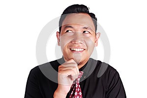 Young funny businessman thinking gesture