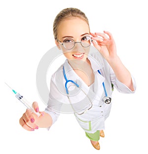 Young funny doctor with syringe isolated