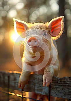 Young funny pig on farm. An image of a pig in the fence