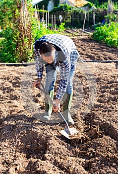 Young gardener digging vegetable beds in home garden