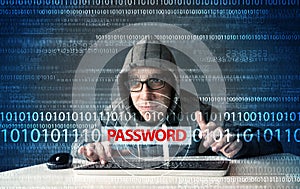 Young geek hacker stealing password