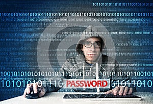 Young geek hacker stealing password