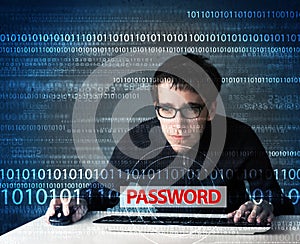 Young geek hacker stealing password