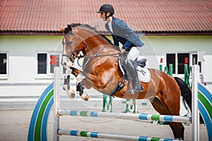 Young gelding horse and handsome man rider jumping obstacle