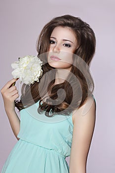 Young Gentle Meek Woman with Peony Flower