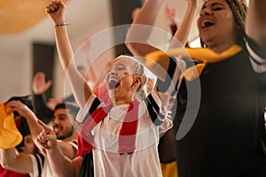 Young German football fans celebrating their team& x27;s victory at stadium.