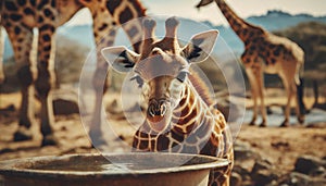 young giraffe drinking. giraffe family outdoor .ai generated