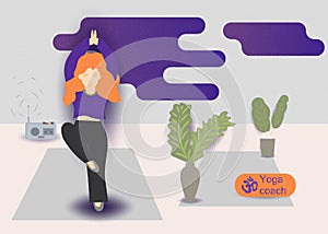 A young girl with 2 red hair doing gymnastics yoga exercise on a rug vector illustration without contours in the style of flat