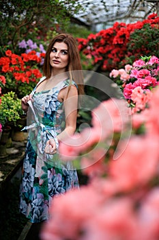 Young girl admires blooming azaleas in a botanical garden