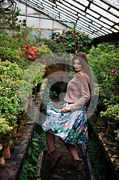 Young girl admires blooming azaleas in a botanical garden. girl in a sweater