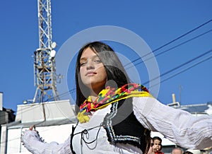 Young girl in albanian traditional costume at a ceremony marking the 10th anniversary of Kosovo`s independence in Dragash