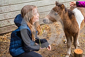 young girl amazed by the meeting with a young foal
