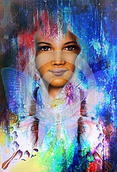 Young girl angelic face and a butterfly. Structure and color Collage art.
