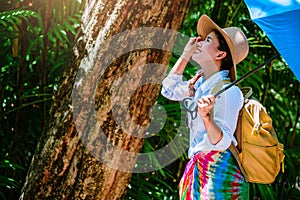 Young girl with backpack enjoying  travel nature in the forest Lush green trees. Happy smiling woman With nature travel, rural