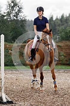 Young girl on bay horse performing her dressage test