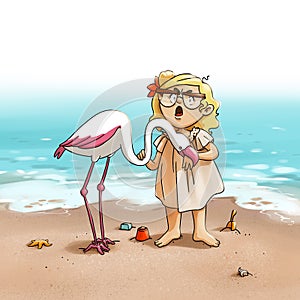 Young girl on the beach with flamingo.