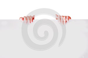 Young girl behind white empty banner. Free copyspace area. Horizontal image