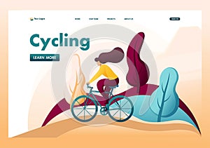 Young girl on a bike, Cycling in the fresh air, in the Park, in the woods. Flat 2D character. Landing page concepts and web design