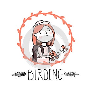Young girl bird watching. Birding and ornithology concept