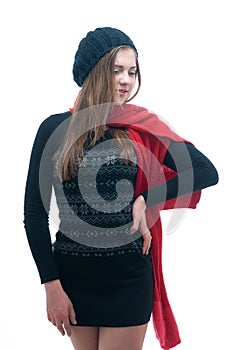 Young girl in black dress, beret and scarf