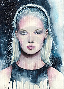 Young girl with blonde hair watercolor creative illustration