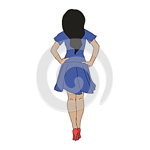 Young girl in a blue dress and red shoes