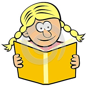 Young girl with book, humorous vector illustration