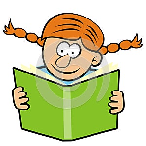 Young girl with book, humorous vector illustration