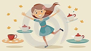 A young girl bounced up and down as she discovered a vintage tea set excited to host her own tea party with her friends photo