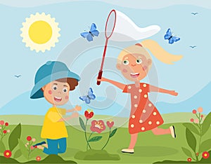 Young girl and boy catching butterflies