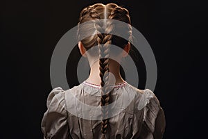 Young girl with braided hair. Braid model back photo.